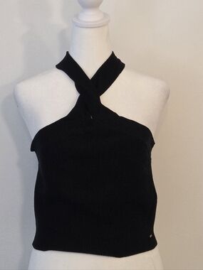 Black Halter Cross-Neck Knit Crop Top
